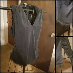 Black Sleeveless Edgy V Neck Top w/Chiffon trim